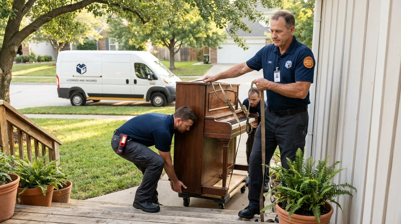 Licensed piano movers securing grand piano in Bennett, CO