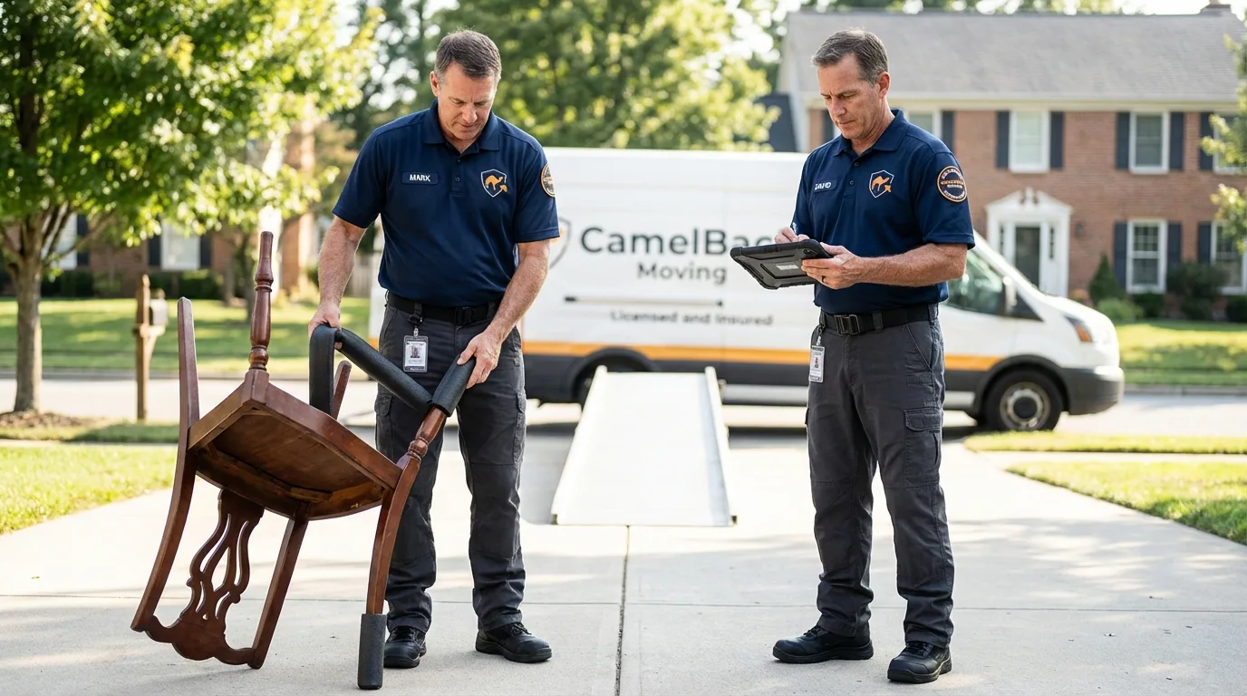 Movers inspecting furniture for damage prevention before loading in Bennett, CO