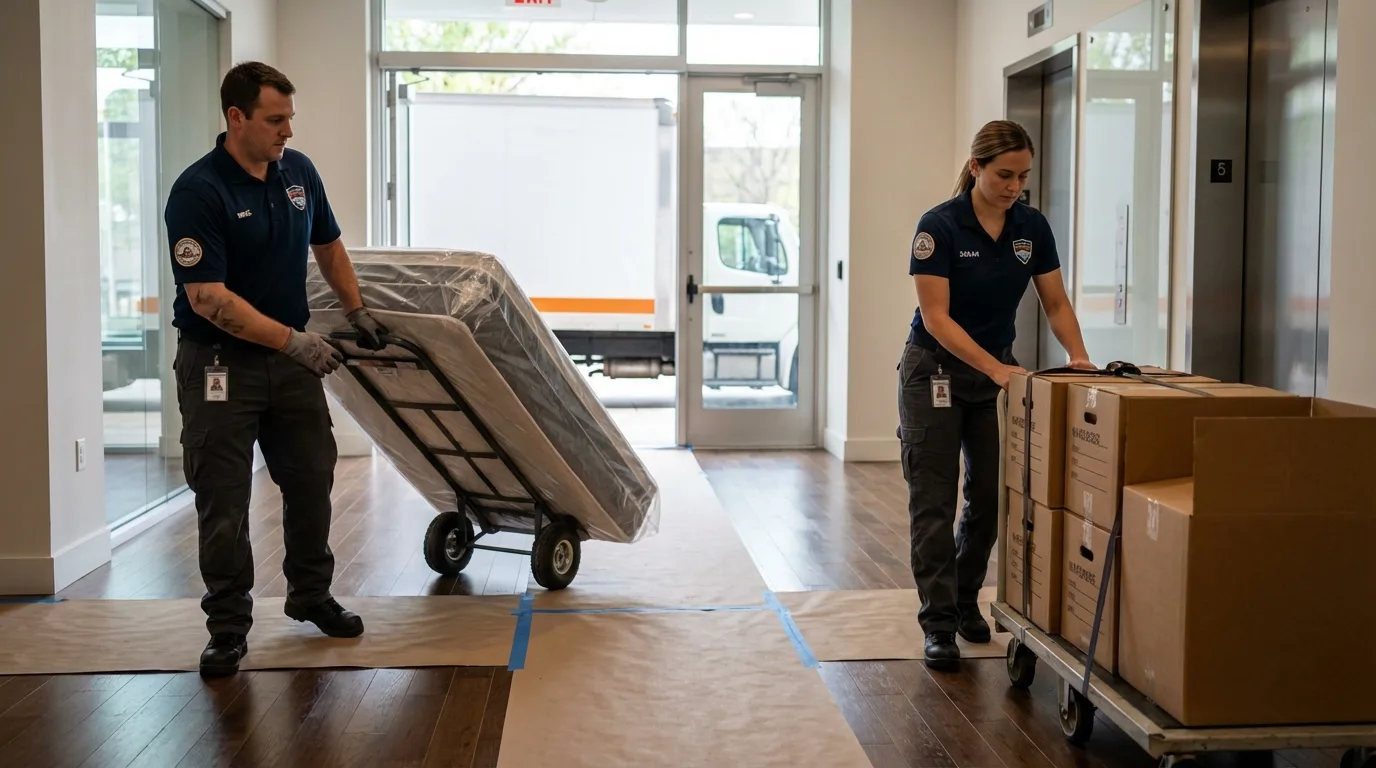 Professional apartment movers loading elevator in Bennett, CO